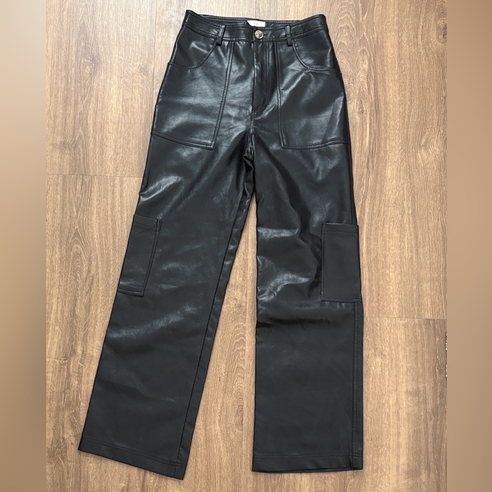 Faux leather wide leg cargo pants